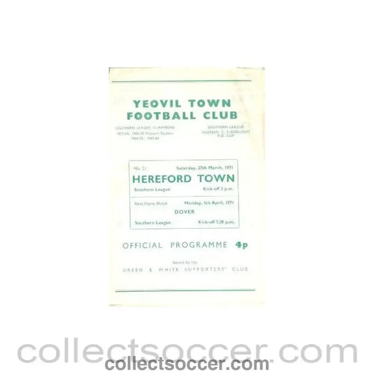 1971 - Yeovil Town v Hereford Town official programme 27/03/1971 - Collect Soccer