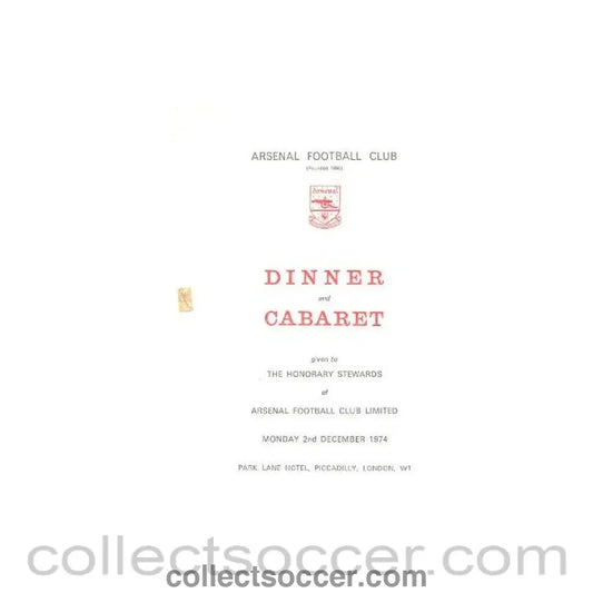 1972 - Arsenal - Dinner & Cabaret to The Honorary Stewards of Arsenal FC menu with ribbon 27/11/1972