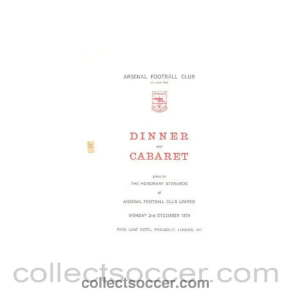 1972 - Arsenal - Dinner & Cabaret to The Honorary Stewards of Arsenal FC menu with ribbon 27/11/1972 - Collect Soccer