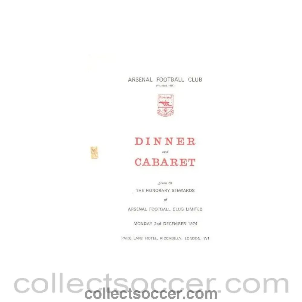 1972 - Arsenal - Dinner & Cabaret to The Honorary Stewards of Arsenal FC menu with ribbon 27/11/1972 - Collect Soccer