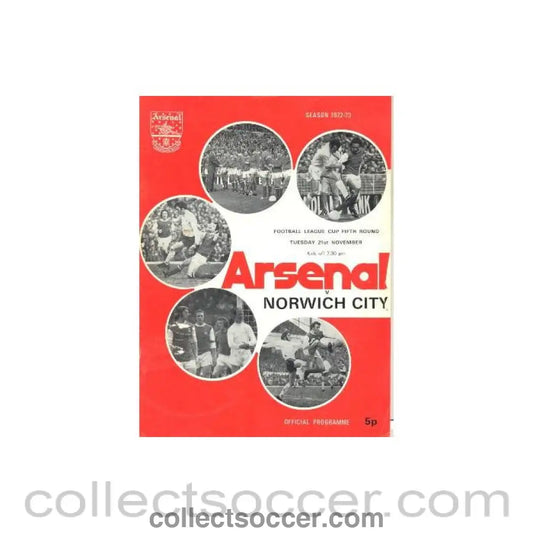 1972 - Arsenal v Norwich City 0fficial 5th Round League Cup Programme 21/11/1972