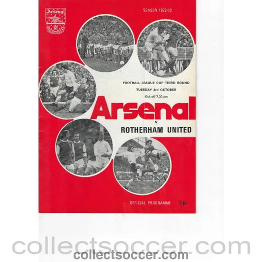 1972 - Arsenal v Rotherham United 3/10/1972 League Cup Official Programme - Collect Soccer