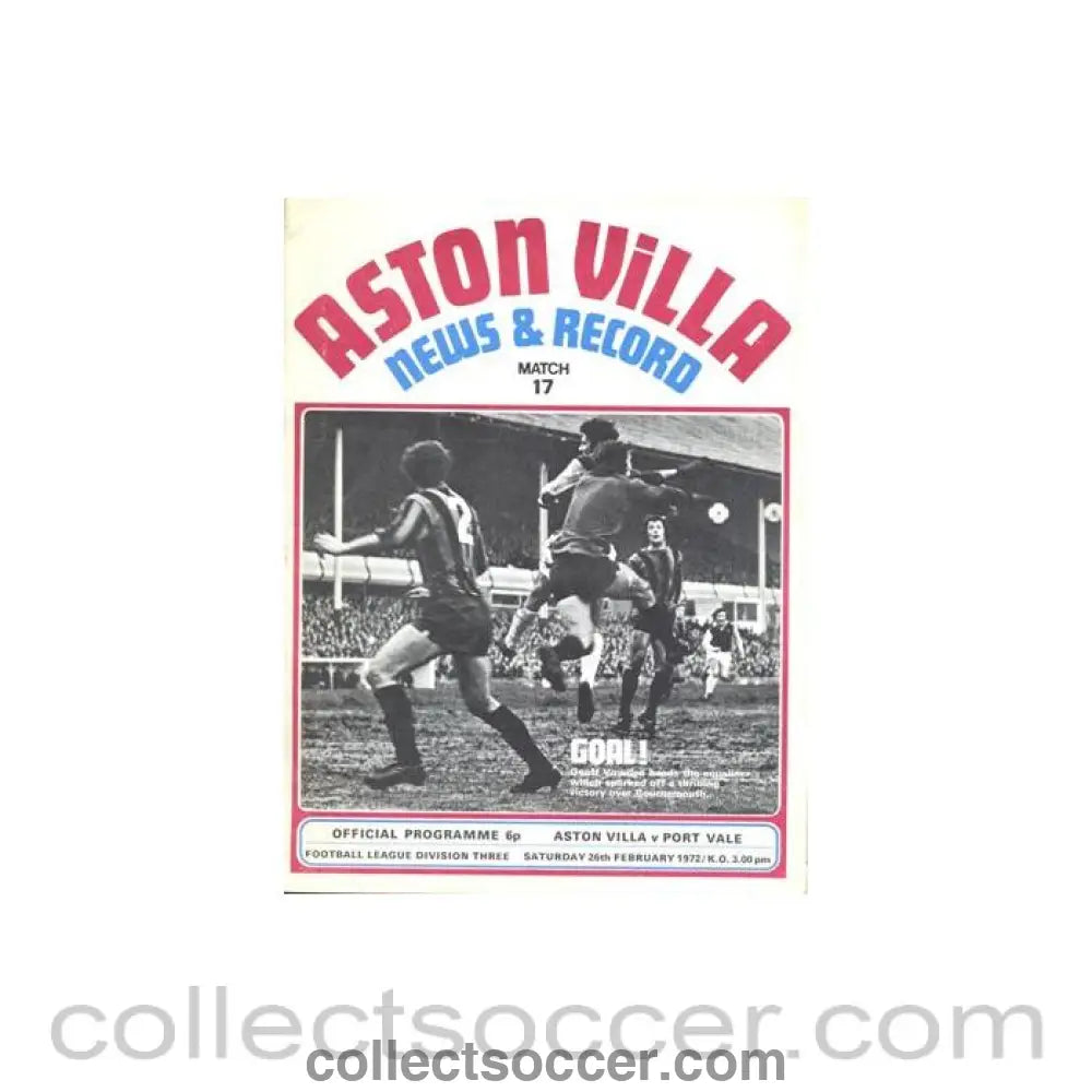 1972 - Aston Villa v Port Vale official programme 26/02/1972 Football League