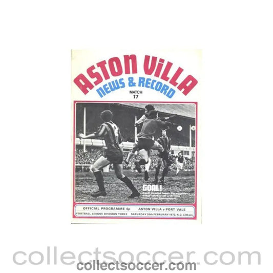1972 - Aston Villa v Port Vale official programme 26/02/1972 Football League - Collect Soccer