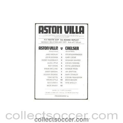 1972 - Aston Villa vChelsea official programme 28/02/1972 Youth Cup Replay - Collect Soccer