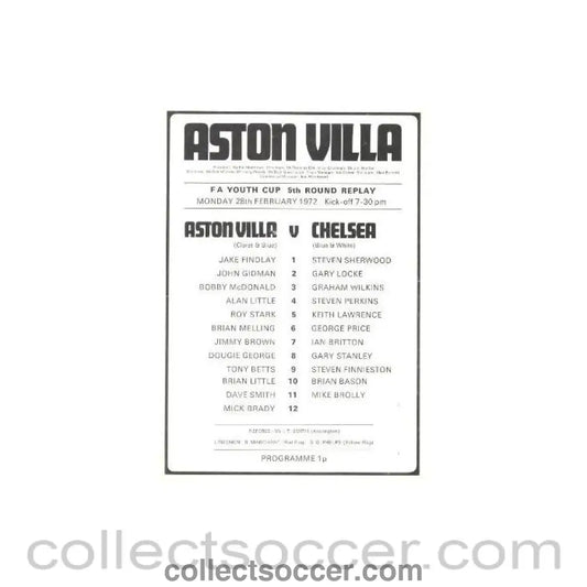 1972 - Aston Villa vChelsea official programme 28/02/1972 Youth Cup Replay - Collect Soccer