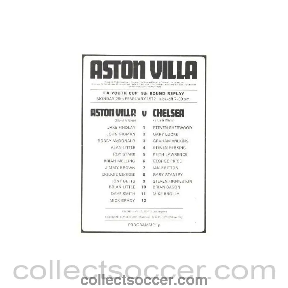 1972 - Aston Villa vChelsea official programme 28/02/1972 Youth Cup Replay - Collect Soccer