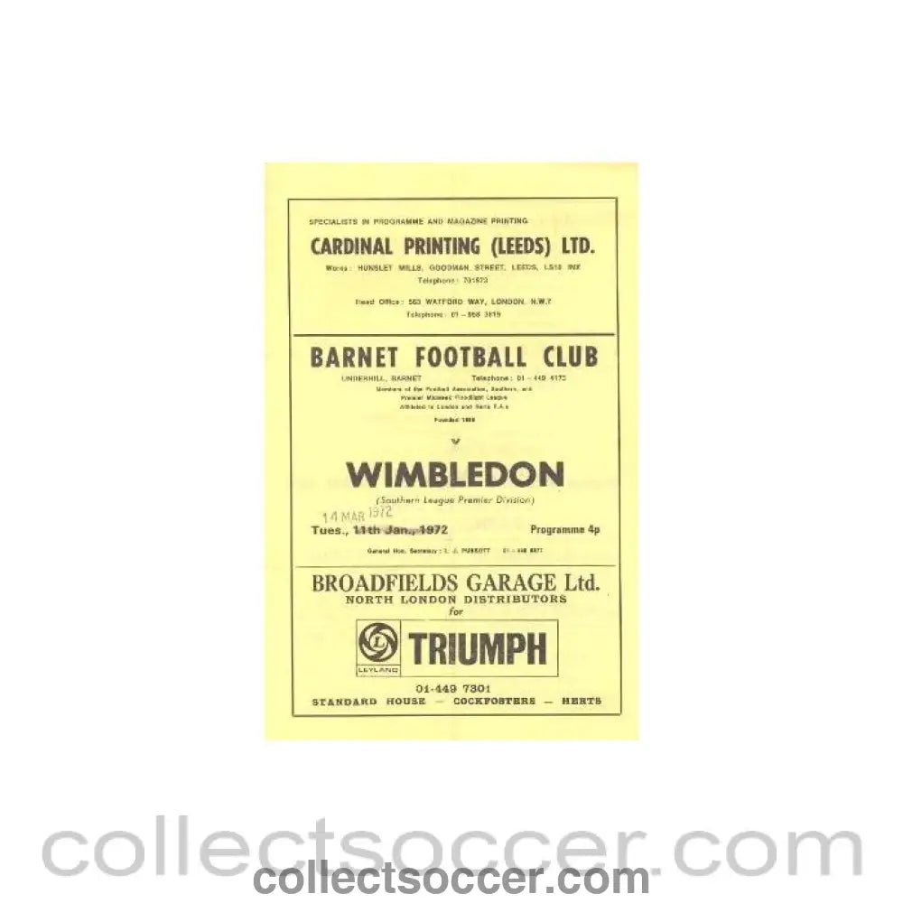1972 - Barnet v Wimbledon official programme 14/03/1972 - Collect Soccer