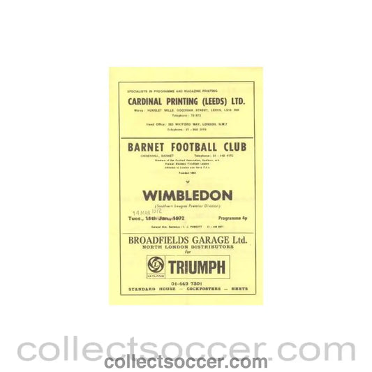 1972 - Barnet v Wimbledon official programme 14/03/1972