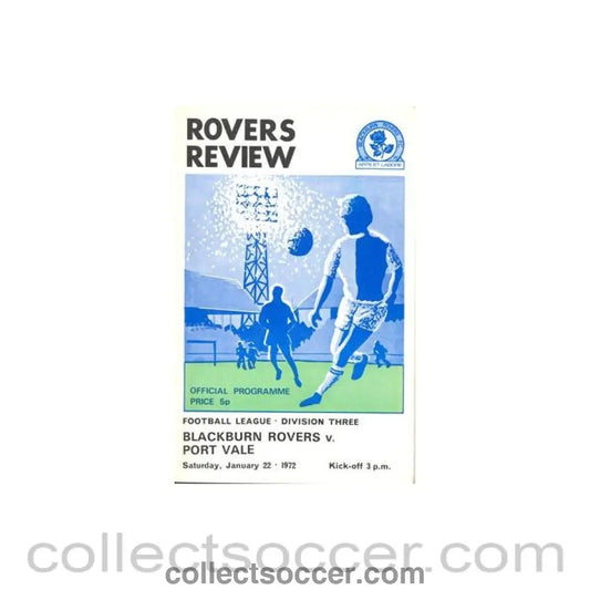 1972 - Blackburn Rovers v Port Vale official programme 22/01/1972 Football League - Collect Soccer
