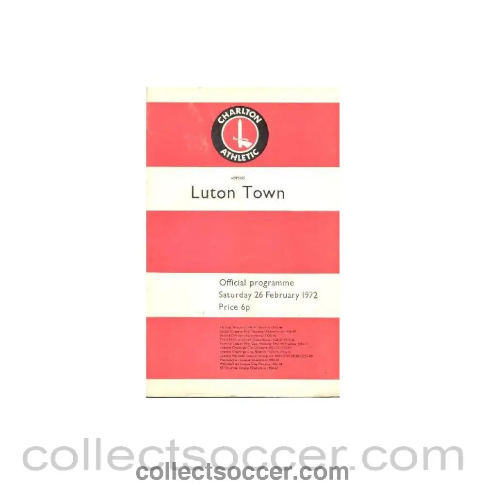 1972 - Charlton Athletic v Luton Town official programme 26/02/1972 Football League