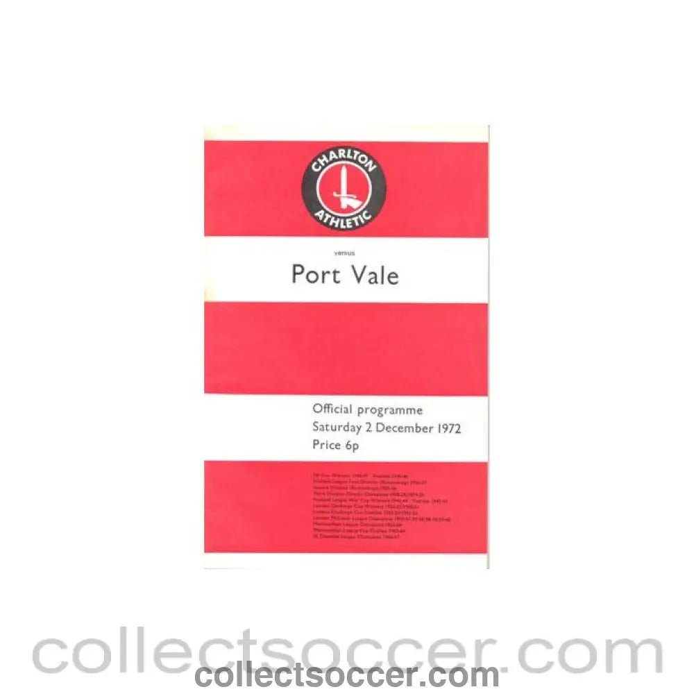 1972 - Charlton Athletic v Port Vale official programme 02/12/1972 Football League - Collect Soccer