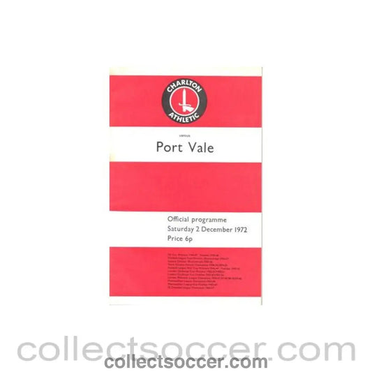 1972 - Charlton Athletic v Port Vale official programme 02/12/1972 Football League - Collect Soccer