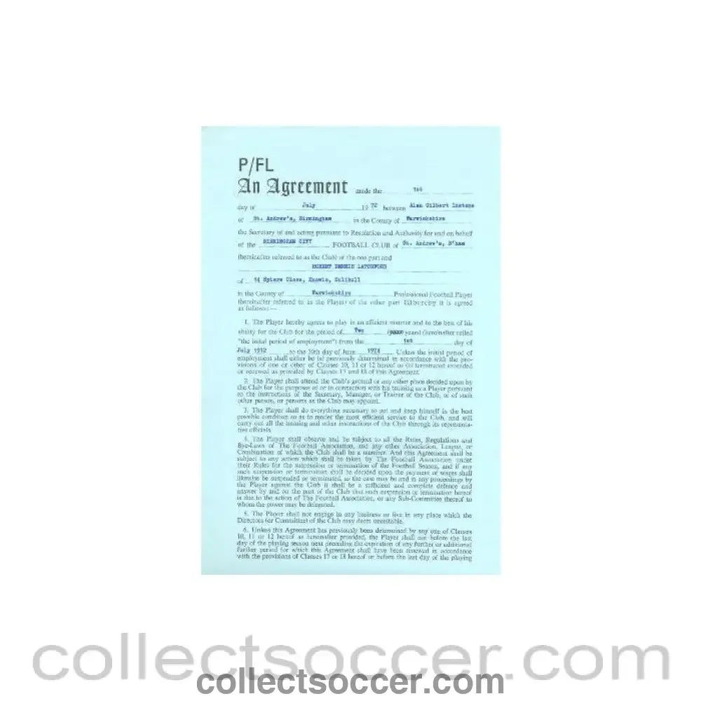 1972 - Contract For Hire of a Player between Birmingham City F.C. and Robert Dennis Latchford (Bob Latchford) of
