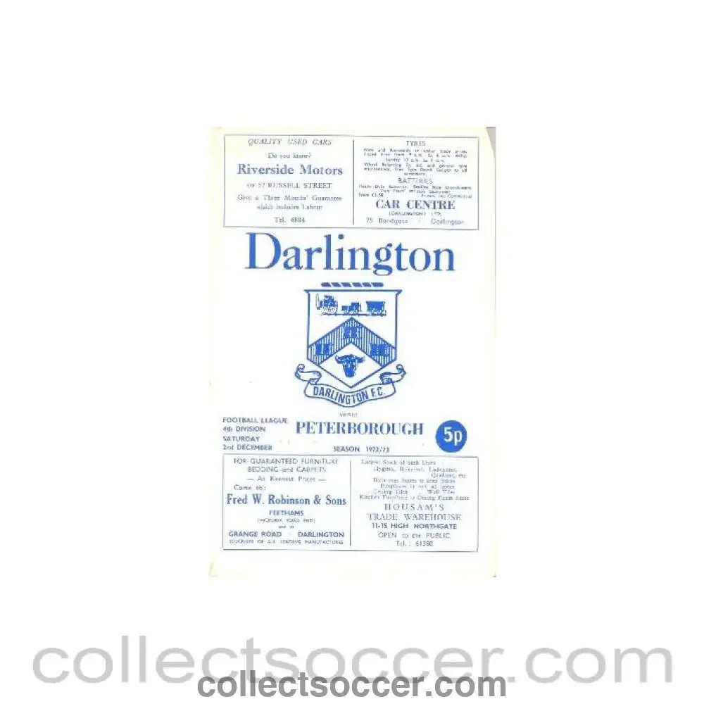 1972 - Darlington v Peterborough official programe 02/12/1972 Football League - Collect Soccer
