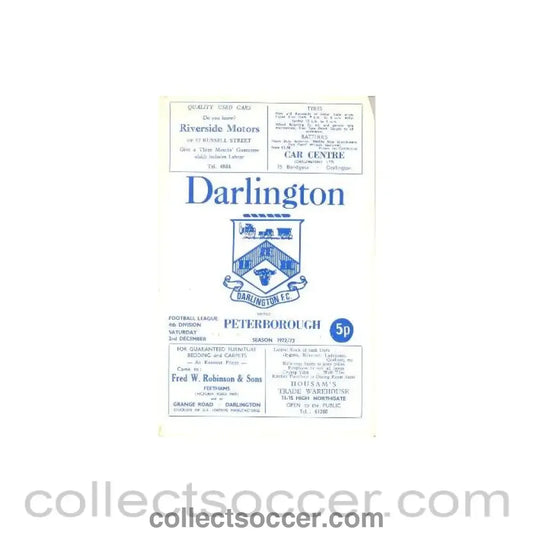 1972 - Darlington v Peterborough official programe 02/12/1972 Football League