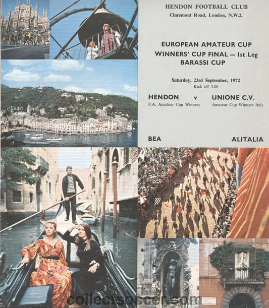 1972 European Amateur Cup European Cup Winners Final 1st Leg Hendon v Unione CV Official Programme