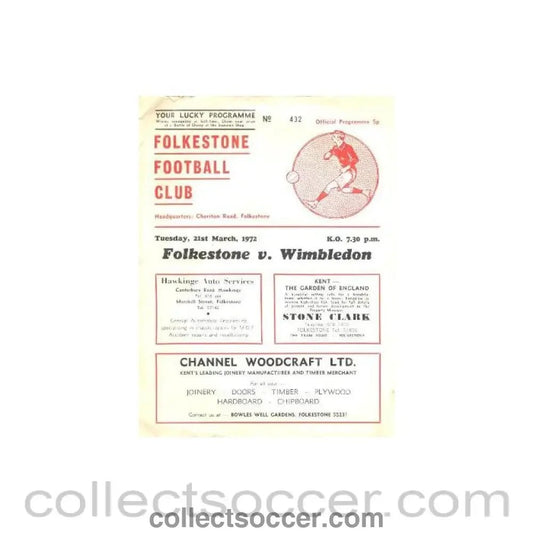 1972 - Folkstone v Wimbledon official programme 21/03/1972 - Collect Soccer