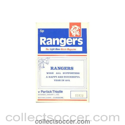 1972 - Glasgow Rangers v Partick Thistle official programme 01/01/1972 Scottish League - Collect Soccer