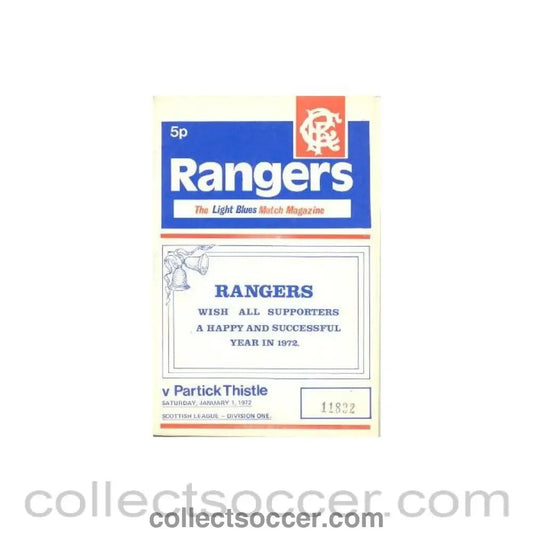 1972 - Glasgow Rangers v Partick Thistle official programme 01/01/1972 Scottish League - Collect Soccer