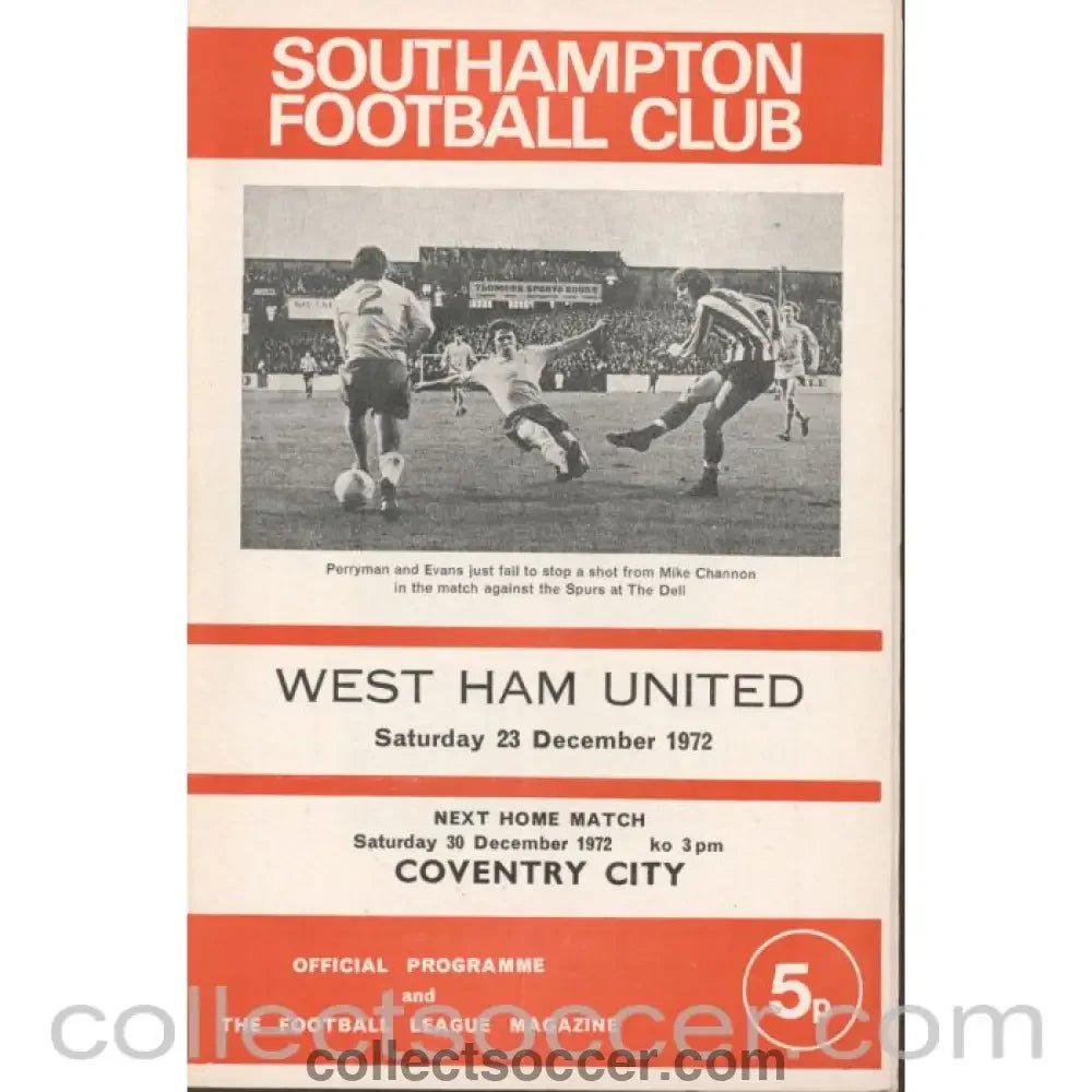 1972 - Southampton v West Ham United 23/12/1972 football programme - Collect Soccer