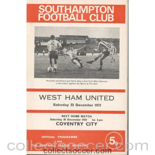 1972 - Southampton v West Ham United 23/12/1972 football programme - Collect Soccer