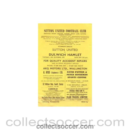 1972 - Sutton United v Dulwich Hamlet official programme 10/10/1972 - Collect Soccer