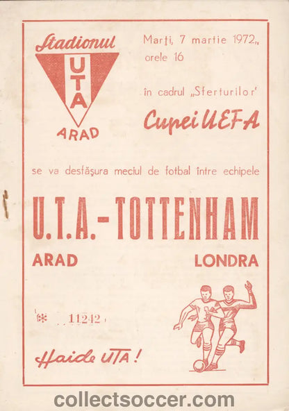 1972 UTA Arad v Tottenham Hotspur UEFA Cup Quarter Final Programme