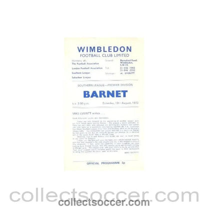 1972 - Wimbledon v Barnet official programme 19/08/1972 - Collect Soccer