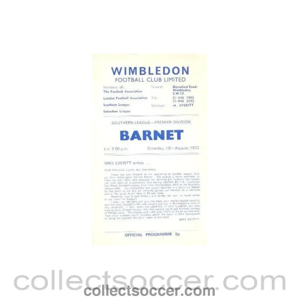 1972 - Wimbledon v Barnet official programme 19/08/1972 - Collect Soccer