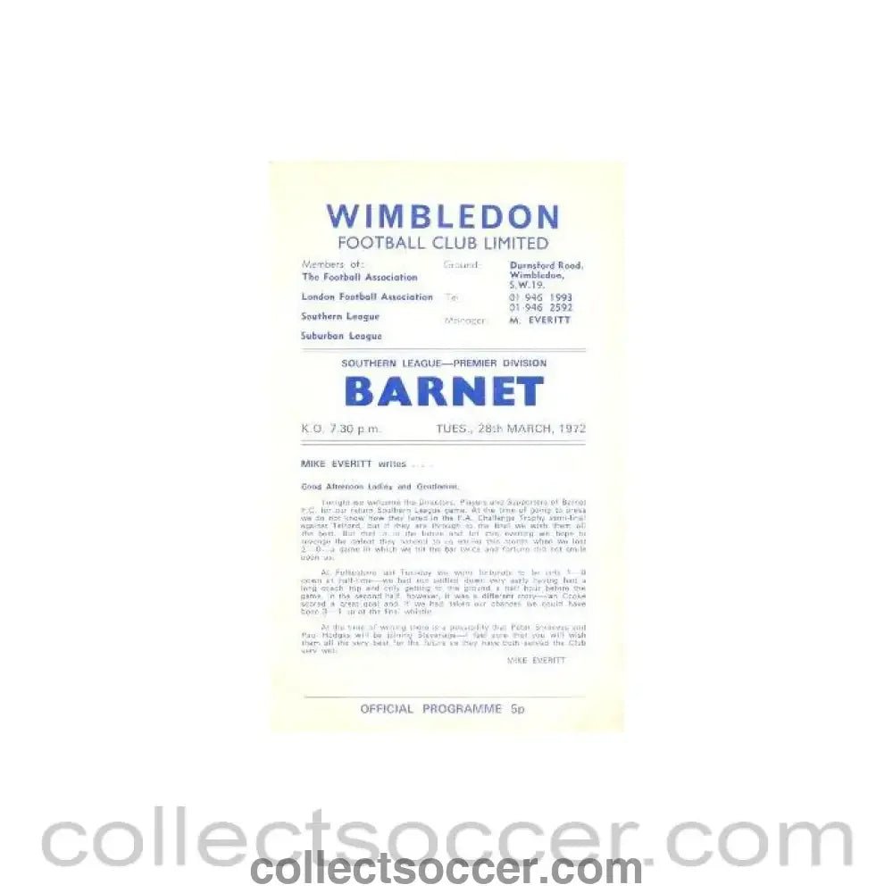 1972 - Wimbledon v Barnet official programme 28/03/1972 - Collect Soccer