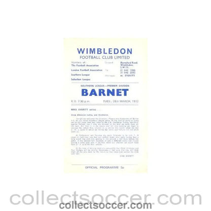 1972 - Wimbledon v Barnet official programme 28/03/1972 - Collect Soccer