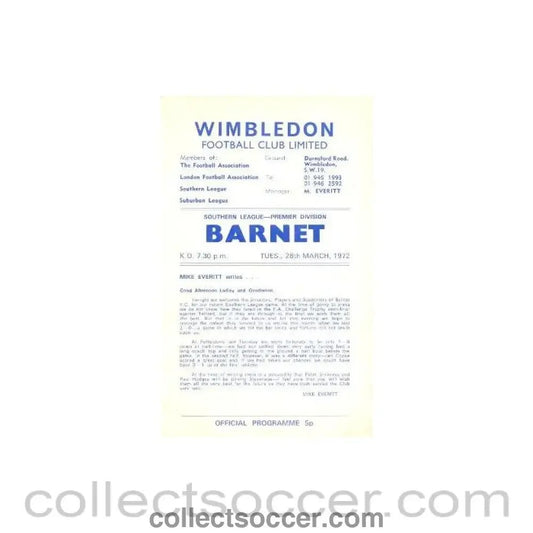 1972 - Wimbledon v Barnet official programme 28/03/1972 - Collect Soccer