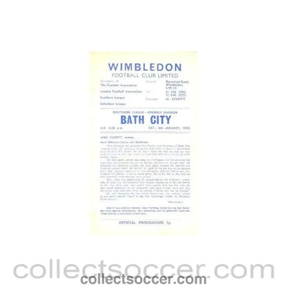 1972 - Wimbledon v Bath City official programme 08/01/1972 - Collect Soccer
