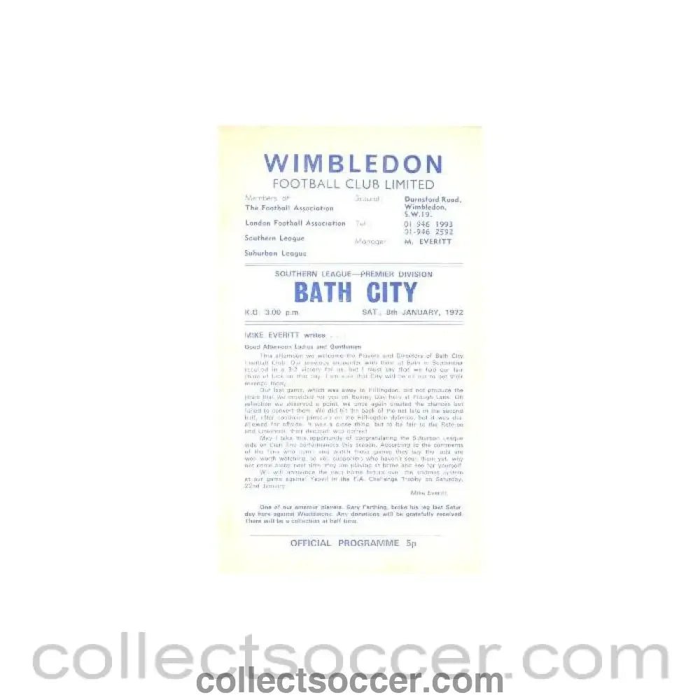1972 - Wimbledon v Bath City official programme 08/01/1972 - Collect Soccer