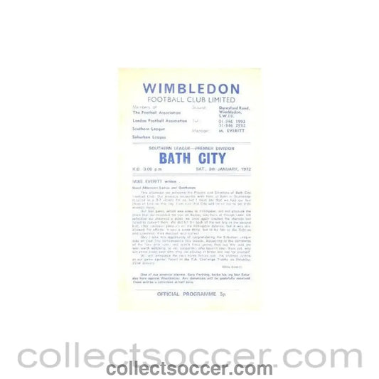 1972 - Wimbledon v Bath City official programme 08/01/1972 - Collect Soccer