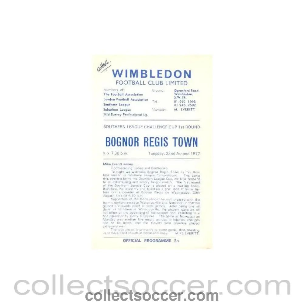 1972 - Wimbledon v Bognor Regis Town official programme 22/08/1972 - Collect Soccer