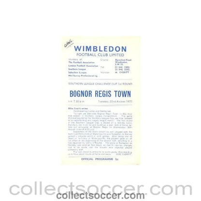 1972 - Wimbledon v Bognor Regis Town official programme 22/08/1972 - Collect Soccer
