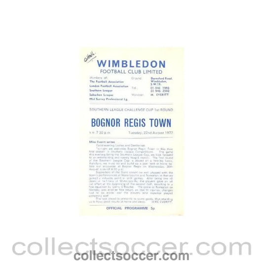 1972 - Wimbledon v Bognor Regis Town official programme 22/08/1972 - Collect Soccer