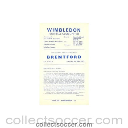 1972 - Wimbledon v Brentford official programme 09/05/1972 - Collect Soccer