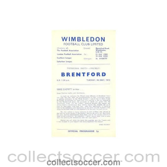 1972 - Wimbledon v Brentford official programme 09/05/1972 - Collect Soccer