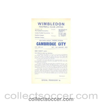 1972 - Wimbledon v Cambridge City official programme 15/01/1972 - Collect Soccer