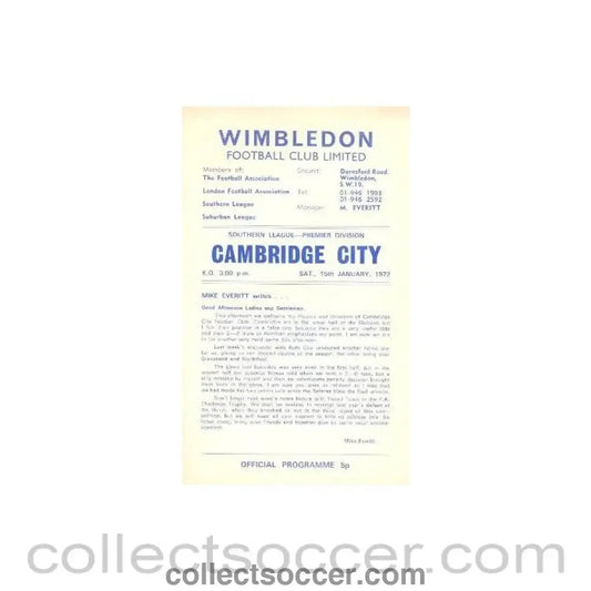 1972 - Wimbledon v Cambridge City official programme 15/01/1972 - Collect Soccer