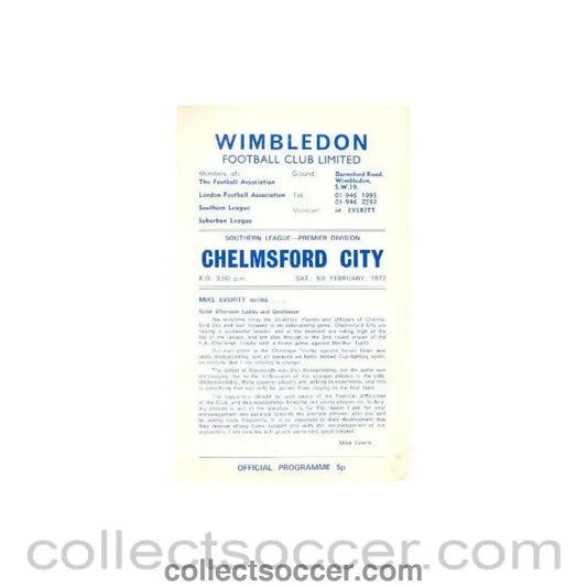1972 - Wimbledon v Chelmsford official programme 05/02/1972 - Collect Soccer