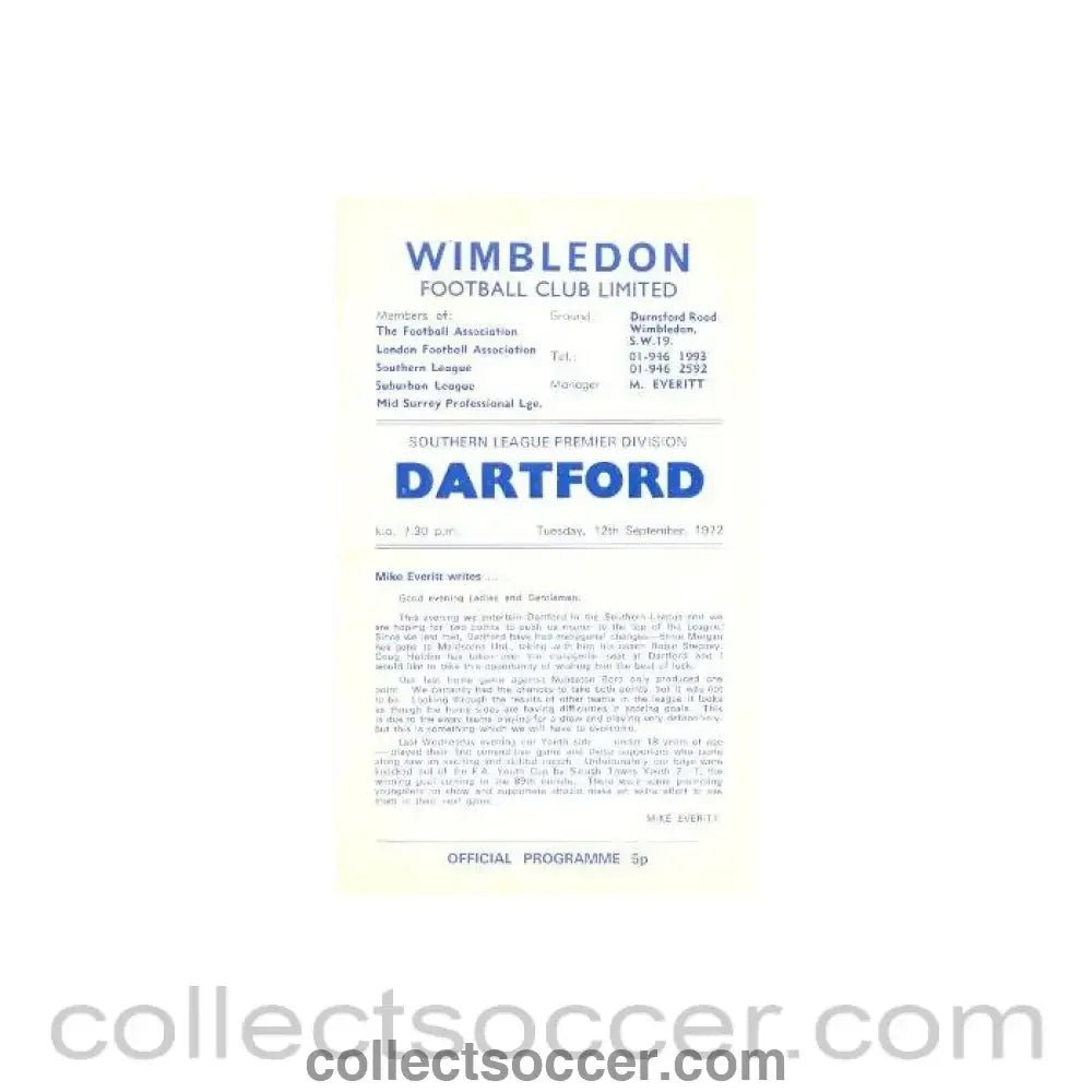 1972 - Wimbledon v Dartford official programme 12/09/1972 - Collect Soccer