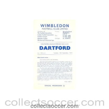 1972 - Wimbledon v Dartford official programme 12/09/1972 - Collect Soccer