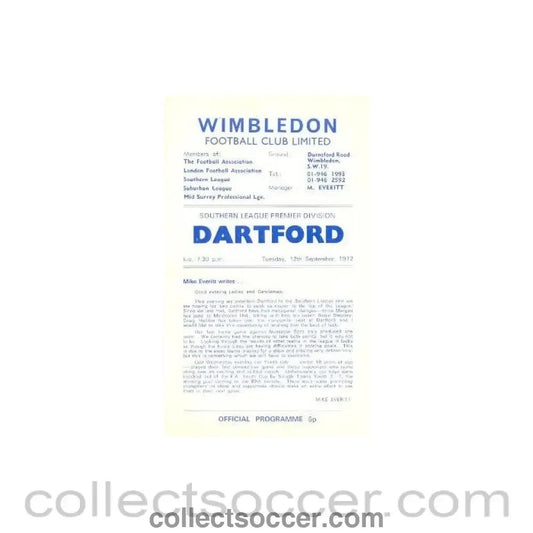 1972 - Wimbledon v Dartford official programme 12/09/1972 - Collect Soccer