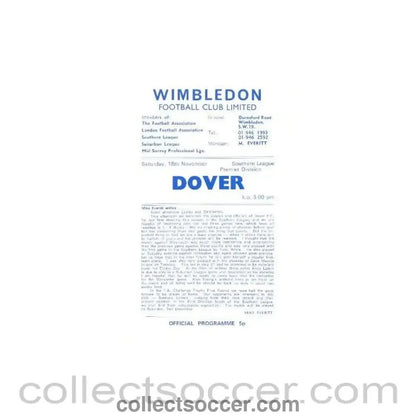 1972 - Wimbledon v Dover official programme 18/11/1972 - Collect Soccer