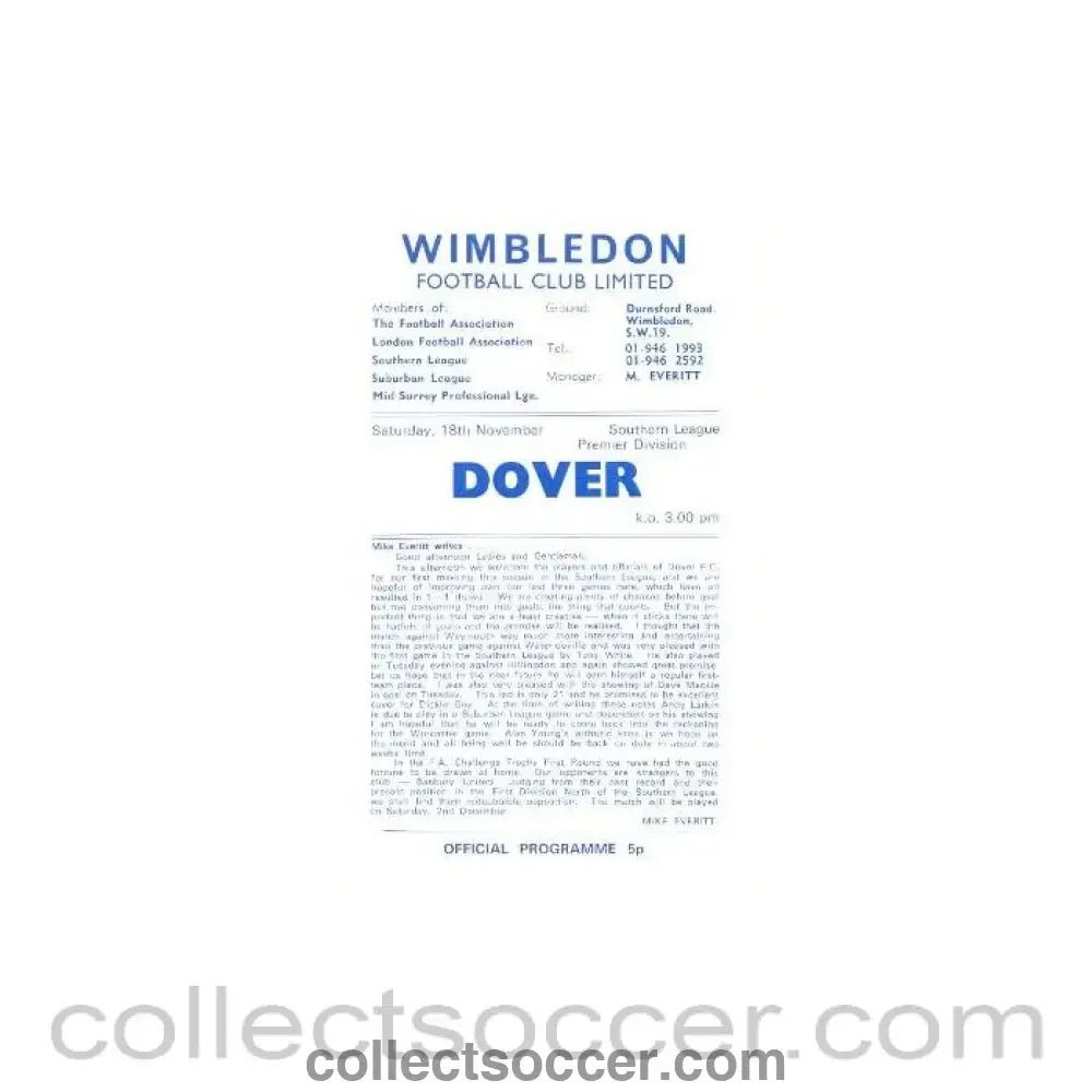 1972 - Wimbledon v Dover official programme 18/11/1972 - Collect Soccer