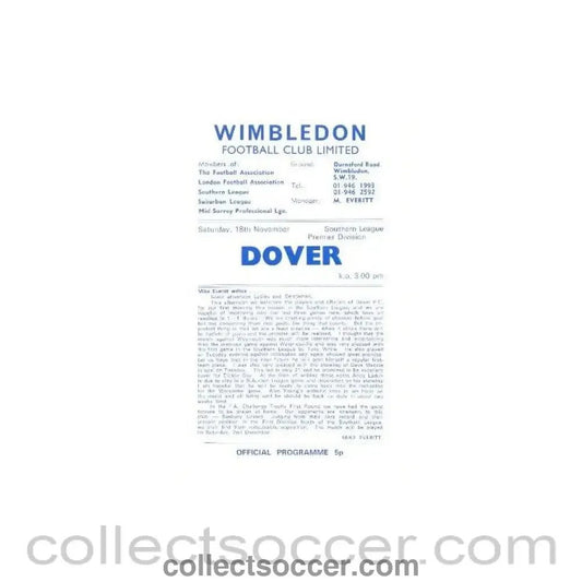 1972 - Wimbledon v Dover official programme 18/11/1972 - Collect Soccer